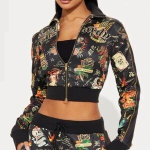 Ed Hardy Women’s Y2K Crop Zip-Up Track Jacket All-Over Tattoo Print NWT